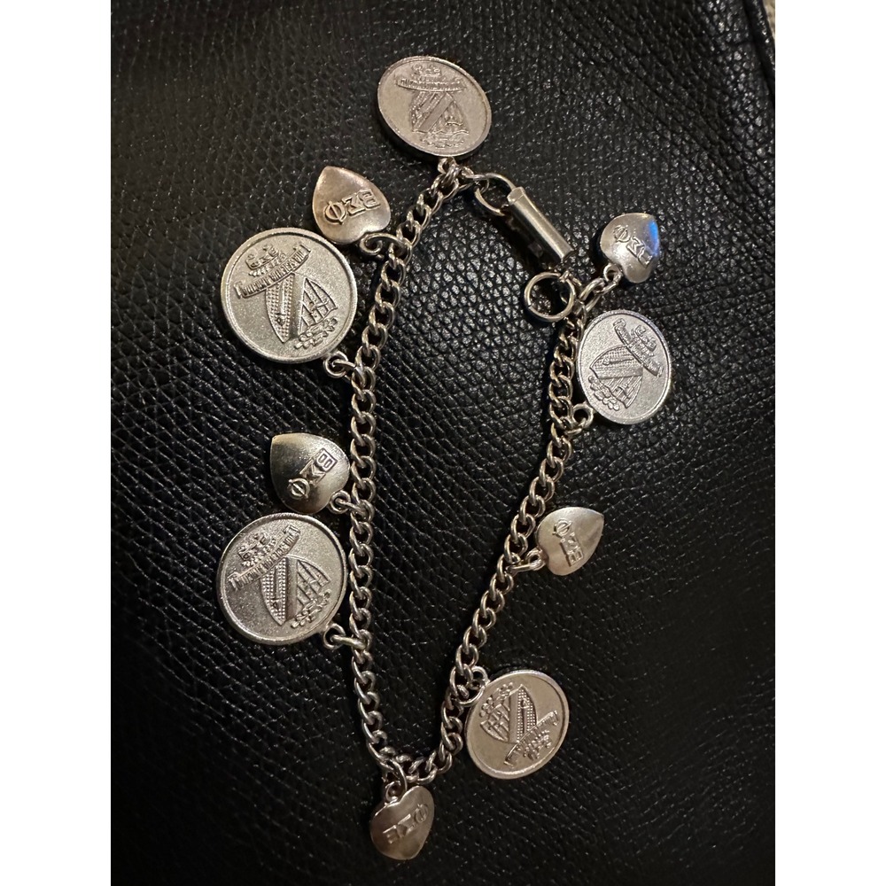 Vintage Beta Sigma Phi Sterling Silver Charm Bracelet Dated 1957-1969 11 Charms
